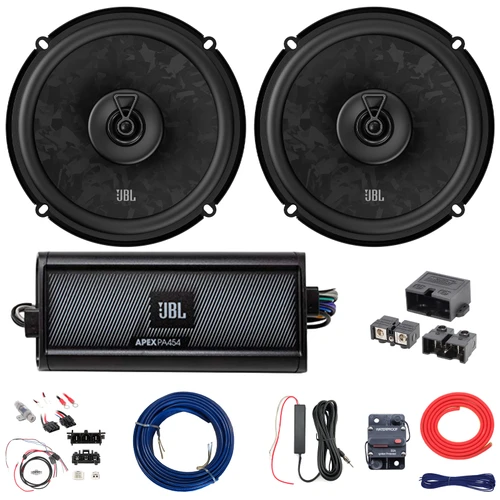 2x JBL Stage3 68F 6.5" 560W Max Power 2-Way Coaxial Speakers, 4-Channel 450W Amplifier w/Front Wiring Harness + Install Kit, Power Block, Antenna Booster, Wire (Fits 2014+ Harley Davidson FLH/FLT)