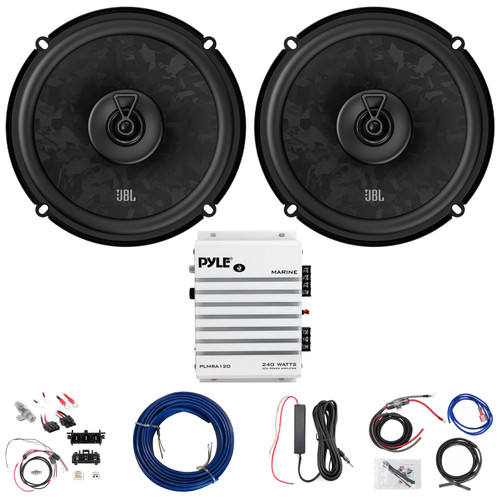 2x JBL Stage3 68F 6.5" 560W Max Power 2-Way Coaxial Speakers, 2-Channel 240W Amplifier w/Front Wiring Harness + Install Kit, Antenna Booster, Speaker Wire (Bundle Fits 2014+ Harley Davidson FLH/FLT)
