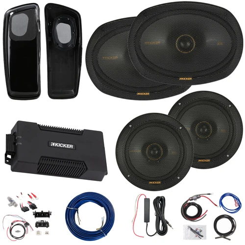2x Kicker KSC690 6x9" 300W Max 2-Way Thin-Mount Speakers w/Adapters, 2x 6.5" 200W Max Thin-Mount Speakers, 4-Channel 800W Amplifier w/Front Wiring Harness + Install Kit, Antenna Booster, Speaker Wire