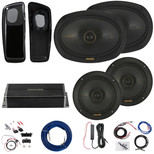 2x Kicker KSC690 6x9" 300W Max 2-Way Thin-Mount Speakers w/Adapters, 2x 6.5" 200W Max 2-Way Thin-Mount Speakers, 4-Channel Amplifier w/Front Wiring Harness + Install Kit, Antenna Booster, Speaker Wire