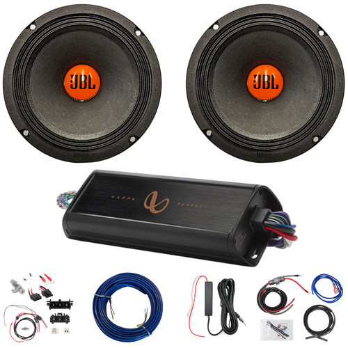 2x JBL SHOCKWAVE150W65 6.5" 300W Max Midrange Woofer Speakers, 4-Channel 1250W Amplifier w/Front Wiring Harness + Install Kit, Antenna Booster, Speaker Wire (Bundle Fits 2014+ Harley Davidson FLH/FLT)