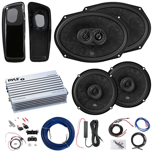 2x JBL Stage3 968MF 6x9" 640 Watt Max 3-Way Speakers w/Adapters, 2x 6.5" 560W Max 2-Way Coaxial Speakers, 2-Channel Amplifier w/Front Wiring Harness + Install Kit, Antenna Booster, Speaker Wire