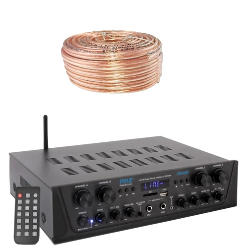Pyle PTA44BT LCD Display 4-Channel Bluetooth AUX FM Radio Tuner Home Audio Amplifier Stereo Receiver, 50 Feet 18 Gauge Speaker Wire