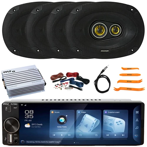 Pyle PLTS82 Single DIN 6.26" Bluetooth USB/AUX MP3 Player AM/FM Car Audio Stereo Receiver, 4x 6x9" 450 Watt Max Power Coaxial Black Speakers, 4 Channel Amplifier w/Kit, Radio Antenna, Pry Tool Set