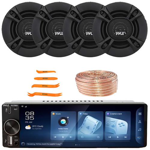 Pyle PLTS82 Single DIN 6.26" Touchscreen Bluetooth USB/AUX MP3 Player AM/FM Radio Car Audio Stereo Receiver, 4x 4" 240 Watt Max Power 2-Way Coaxial Automotive Speakers, Speaker Wire, Pry Tool Set
