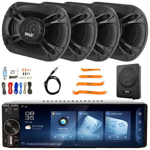 Pyle PLTS82 Single DIN 6.26" Bluetooth USB/AUX MP3 Player AM/FM Car Audio Stereo Receiver, 4x 6x8" 400W Max 3-Way Component Speakers, 8" 600W Max Amplified Subwoofer w/Amp Kit, Antenna, Pry Tool Set