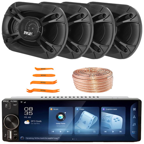 Pyle PLTS82 Single DIN 6.26" Touchscreen Bluetooth USB/AUX MP3 Player AM/FM Radio Car Audio Stereo Receiver, 4x 6x8" 400W Max 3-Way Triaxial Component Automotive Speakers, Speaker Wire, Pry Tool Set