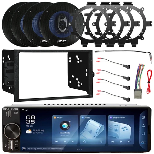 Pyle PLTS82 Single DIN 6.26" Bluetooth USB/AUX MP3 Player AM/FM Car Stereo Receiver w/Install Kit, 4x 6.5" 360W Max 3-Way Speakers w/Adapters + Speaker Wire Harness, Wiring Harness, Antenna Adapter