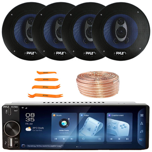 Pyle PLTS82 Single DIN 6.26" Touchscreen Bluetooth USB/AUX MP3 Player AM/FM Radio Car Audio Stereo Receiver, 4x 6.5" 360 Watt Max Power 3-Way Triaxial Automotive Speakers, Speaker Wire, Pry Tool Set