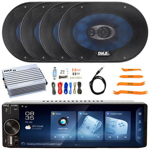 Pyle PLTS82 Single DIN 6.26" Touchscreen Bluetooth USB/AUX MP3 Player AM/FM Radio Car Audio Stereo Receiver, 4x 6x9" 400 Watt Max Power 4-Way Speakers, 4 Channel Amplifier w/Kit, Antenna, Pry Tool Set