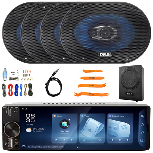 Pyle PLTS82 Single DIN 6.26" Bluetooth USB/AUX MP3 Player AM/FM Car Audio Stereo Receiver, 4x 6x9" 400 Watt Max Power 4-Way Speakers, 8" 600W Max Amplified Subwoofer w/Amp Kit, Antenna, Pry Tool Set
