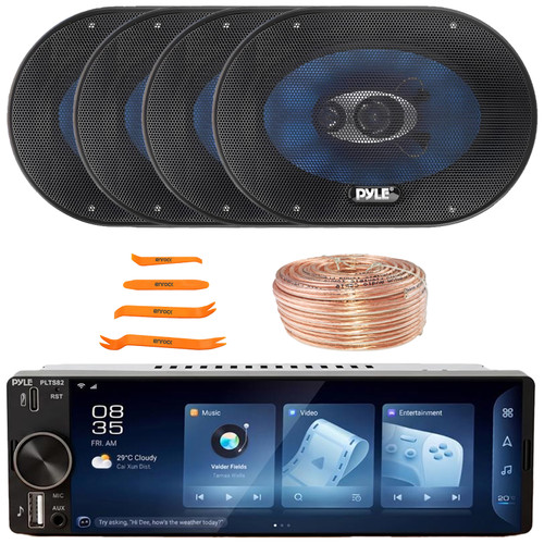 Pyle PLTS82 Single DIN 6.26" Touchscreen Bluetooth USB/AUX MP3 Player AM/FM Radio Car Audio Stereo Receiver, 4x 6x9" 400 Watt Max Power 4-Way Automotive Speakers, Speaker Wire, Pry Tool Set