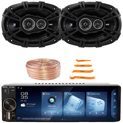 Pyle PLTS82 Single DIN 6.26" Touchscreen Bluetooth USB/AUX MP3 Player AM/FM Radio Car Audio Stereo Receiver, 2x 6x9" 360 Watt Max Power 3-Way Coaxial Automotive Speakers, Speaker Wire, Pry Tool Set