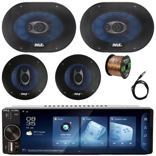 Pyle PLTS82 Single DIN 6.26" Touchscreen Bluetooth USB/AUX MP3 Player AM/FM Car Audio Stereo Receiver, 2x 6x9" 400W Max 4-Way Speakers, 2x 6.5" 360W Max 3-Way Speakers, Radio Antenna, Speaker Wire