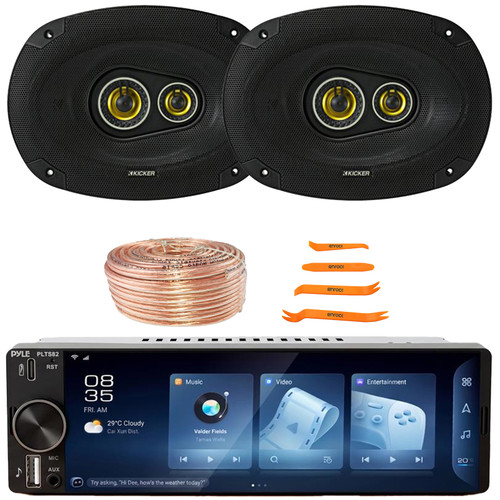 Pyle PLTS82 Single DIN 6.26" Touchscreen Bluetooth USB/AUX MP3 Player AM/FM Radio Car Audio Stereo Receiver, 2x 6x9" 450 Watt Max Power Coaxial Black Automotive Speakers, Speaker Wire, Pry Tool Set