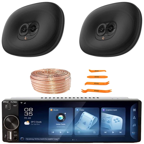 Pyle PLTS82 Single DIN 6.26" Touchscreen Bluetooth USB/AUX MP3 Player AM/FM Radio Car Audio Stereo Receiver, 2x 6x9" 180 Watt Max 3-Way Multi-Element Automotive Speakers, Speaker Wire, Pry Tool Set