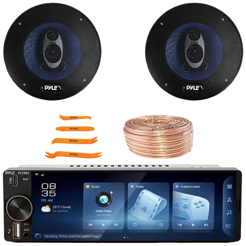 Pyle PLTS82 Single DIN 6.26" Touchscreen Bluetooth USB/AUX MP3 Player AM/FM Radio Car Audio Stereo Receiver, 2x 5.25" 200 Watt Max Power 3-Way Automotive Speakers, Speaker Wire, Pry Tool Set