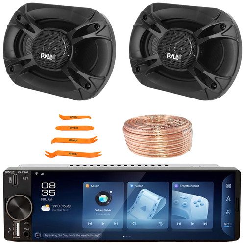 Pyle PLTS82 Single DIN 6.26" Touchscreen Bluetooth USB/AUX MP3 Player AM/FM Radio Car Audio Stereo Receiver, 2x 6x8" 400W Max 3-Way Triaxial Component Automotive Speakers, Speaker Wire, Pry Tool Set