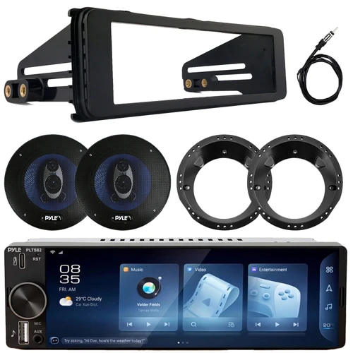 Pyle PLTS82 Single DIN 6.26" Bluetooth USB/AUX MP3 Player AM/FM Stereo Receiver w/Install Kit, 2x 6.5" 360 Watt Max Power 3-Way Triaxial Speakers w/Adapters, Antenna (Fits 1998-2013 HD Motorcycles)