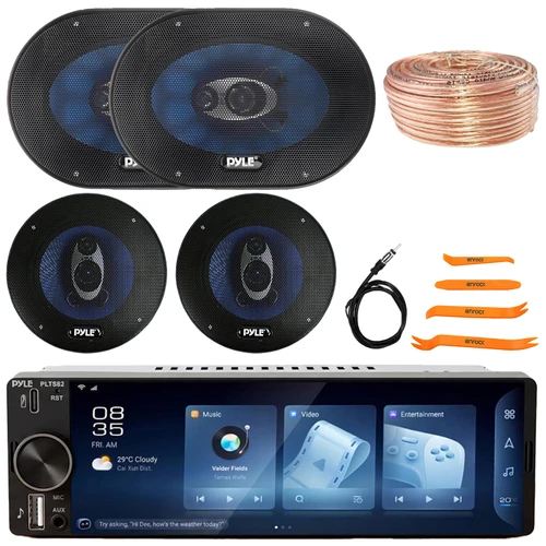 Pyle PLTS82 Single DIN 6.26" Touchscreen Bluetooth USB/AUX MP3 Player AM/FM Car Audio Stereo Receiver, 2x 6x9" 400W Max 4-Way Speakers, 2x 6.5" 360W Max 3-Way Speakers, Antenna, Wire, Pry Tool Set
