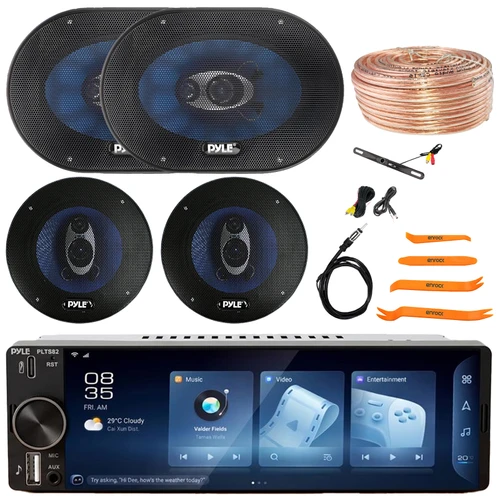 Pyle PLTS82 Single DIN 6.26" Bluetooth USB/AUX MP3 Player AM/FM Car Stereo Receiver, 2x 6x9" 400W Max 4-Way Speakers, 2x 6.5" 360W Max 3-Way Speakers, Antenna, Wire, Pry Tool Set, Rear View Camera