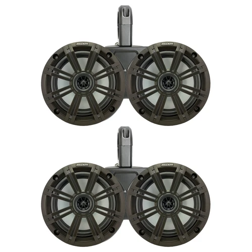 Kicker Black Dual Wakeboard Tower System with 2 Pair (Qty 4) of Charcoal 6.5" 195 Watt Max Power Marine OEM Replacement Coaxial Boat Audio Speakers