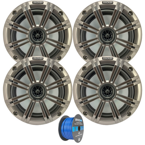 4x Kicker 6.5" 195 Watts Max Power Coaxial Marine Audio Speakers W/ 4x Silver Grille, 50-Feet 16-Gauge Speaker Wire
