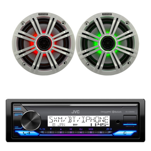 JVC KD-X38MBS Single DIN Marine USB Bluetooth AM/FM Stereo Receiver, 2x 6.5" 195 Watt Peak Power Multicolor LED Boat Audio Speakers with White Grilles (Bulk Packaging)