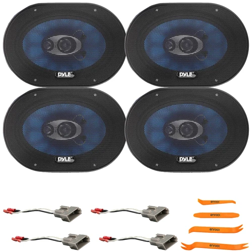 4x Pyle PL683BL 6x8" 360 Watt Max Power 3-Way Car Audio Speakers, 2x Speaker Harnesses, Pry Tool Set (Bundle Fits Select 1989-Up Ford Vehicles)