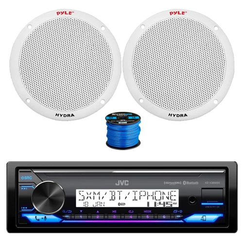 JVC KD-X38MBS Single DIN Marine Bluetooth USB/AUX LED AM/FM Radio SiriusXM Ready Stereo Receiver, 2x 6.5'' 400W Max Power 2-Way Full Range Dual Cone White Boat Speakers, 50 Feet 16 Gauge Speaker Wire