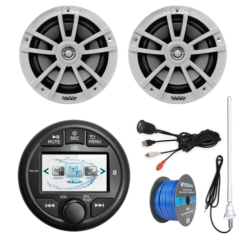 JBL PRV-275 Marine Bluetooth USB/AUX Weather Band AM/FM Radio Gauge Style Digital Media Receiver, 2x 6.5" 225W Peak 2-Way High-Performance White Speakers, USB/AUX Adapter, Radio Antenna, Speaker Wire