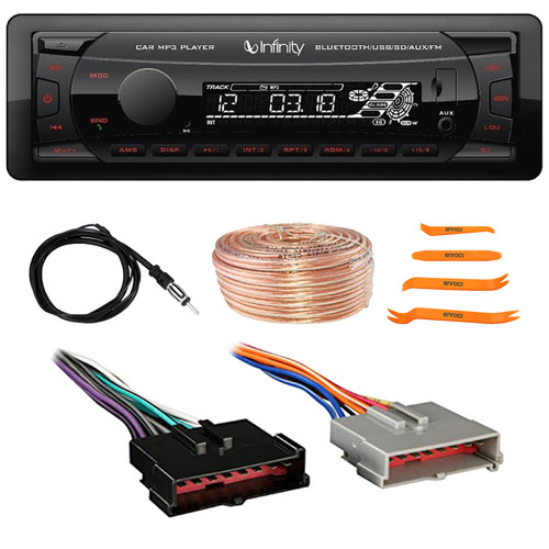 Infinity Alpha 100 Single DIN Bluetooth USB/AUX SD MP3 Player FM Radio Digital Media Car Receiver, Pry Tool Set, Radio Antenna, Speaker Wire, Wiring Harness for Select 1985–2004 Ford & Other Vehicles