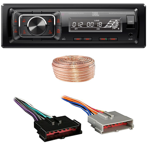 JBL Celebrity150 Single DIN Bluetooth USB/AUX SD Card FM Radio High Power Mechless Car Audio Media Receiver, 50 Feet 18 Gauge Speaker Wire, Wiring Harness for Select 1985–2004 Ford & Other Vehicles