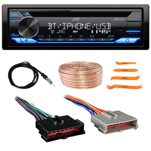JVC KD-T720BT Single DIN Bluetooth USB/AUX CD Player AM/FM Radio Multimedia Car Stereo Receiver, Pry Tool Set, Radio Antenna, Speaker Wire, Wiring Harness for Select 1985–2004 Ford & Other Vehicles