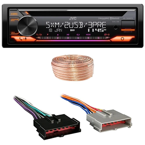 JVC KD-T925BTS Single DIN Bluetooth USB/AUX CD Player LED AM/FM Radio SiriusXM Ready Car Audio Stereo Receiver, 50 Feet 18 Gauge Speaker Wire, Wiring Harness for Select 1985–2004 Ford & Other Vehicles