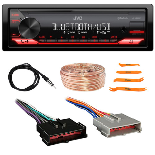 JVC KD-X280BT Single DIN Bluetooth USB/AUX AM/FM Radio Digital Media Car In-Dash Stereo Receiver, Pry Tool Set, Radio Antenna, Speaker Wire, Wiring Harness for Select 1985–2004 Ford & Other Vehicles