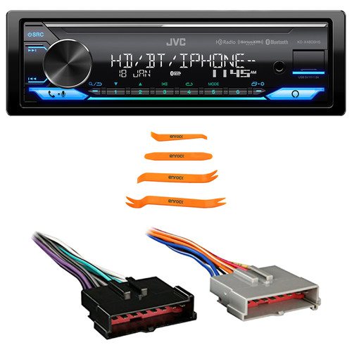 JVC KD-X480BHS Single DIN Bluetooth USB/AUX LED AM/FM Radio SiriusXM Ready Amazon Alexa Car Audio Stereo Receiver, Pry Tool Set, Wiring Harness for Select 1985–2004 Ford & Other Vehicles