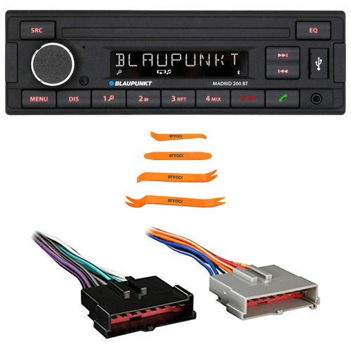 Blaupunkt Madrid 200 BT Single DIN Bluetooth USB/AUX MP3 Player AM/FM Radio Car Audio Receiver, Pry Tool Set, Wiring Harness for Select 1985–2004 Ford & Other Vehicles