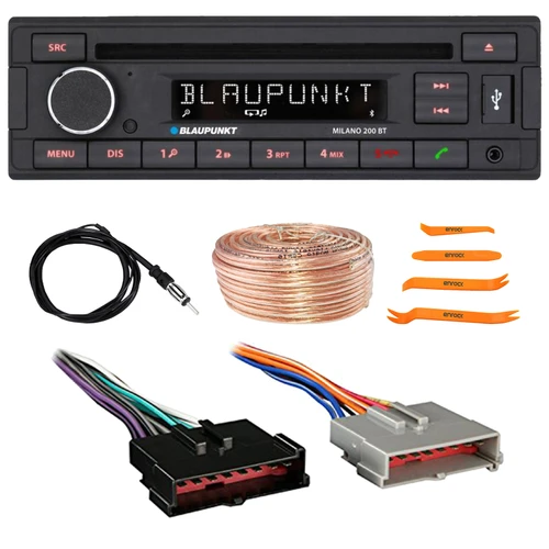 Blaupunkt Milano 200 BT Single DIN Bluetooth USB/AUX CD Player Car Audio Stereo Receiver, Pry Tool Set, Radio Antenna, Speaker Wire, Wiring Harness for Select 1985–2004 Ford & Other Vehicles