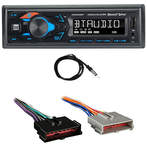 Dual XRM59BT Single DIN Bluetooth USB/AUX AM/FM Radio Digital Media Car Audio Receiver, 22" Radio Antenna, Wiring Harness for Select 1985–2004 Ford & Other Vehicles