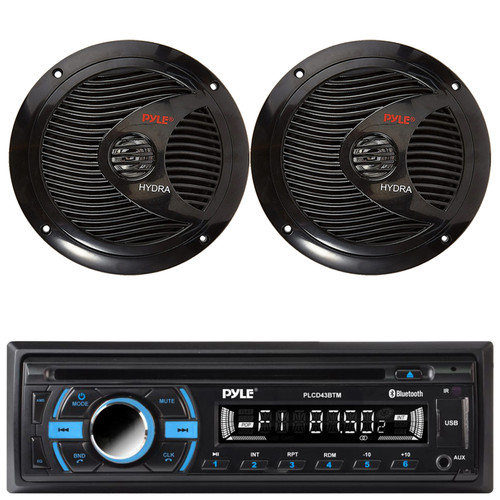 Pyle PLCD43BTM Single DIN Marine Bluetooth USB/AUX MP3 Player AM/FM Radio In-Dash Head Unit Stereo Receiver, 2x 6.5" 150 Watt Max Power Full Range Waterproof Black Boat Stereo Speakers