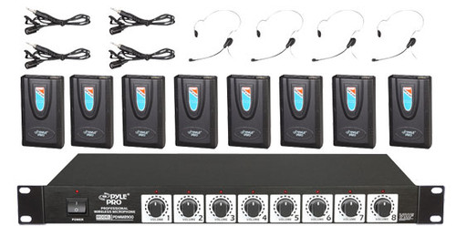 PylePro PDWM8900 Rack Mount 8 Channel Wireless Microphone System w/ 8 Lavalier/Headsets