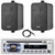 Pyle PLCD43MRB Single DIN Marine Bluetooth USB/AUX MP3 Player AM/FM Radio In-Dash Stereo Head unit Receiver, 2x Enrock 4" 30 Watt Max Power 3-Way Indoor/Outdoor Black Speakers, 40" Radio Antenna