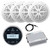 Enrock EM856 Weather-Resistant Gauge Style Wireless AM/FM Radio Receiver, 4x Pyle 4'' 100 Watt Max Dual Cone Waterproof White Boat Audio Speakers, 4-Channel Bluetooth Amplifier, Antenna