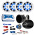 Kicker Black Single Wakeboard Tower Enclosures (Qty 2) with 2 Pair (Qty 4) 6.5" 150 Watt Max Blue Flashing LED Boat Audio White Speakers, 6-Channel Marine Bluetooth Amplifier w/Wiring Kit, Wire