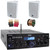 Pyle PDA5BU 200W Bluetooth USB FM Radio Stereo Mini Amplifier Receiver, 2x Dual Electronics LU47PW 4" 200 Watt Max Power 3-Way Indoor/Outdoor White Speakers, Banana Plugs, 50 Feet Speaker Wire