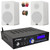 Pyle PDA5BU 200W Bluetooth USB/AUX FM Radio Mini Blue LCD Stereo Amplifier Receiver, 2x 6.5” 240 Watt Max Power 2-Way HiFi Home Theater Bookshelf White Speakers, 50 Feet Speaker Wire, Banana Plugs