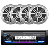 JVC KD-X38MBS Single DIN USB/AUX Marine Bluetooth AM/FM Stereo Receiver with 4x 6.5" 150 Watt Peak Power Silver Audio Speakers