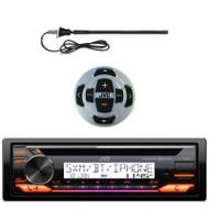 JVC KD-T92MBS Single DIN Bluetooth Marine USB AUX AM/FM Radio CD Player Receiver, Wired Remote, Long Range Radio Antenna