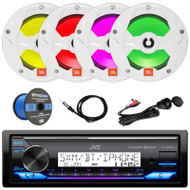 JVC KD-X38MBS Single DIN Marine MotorSports USB/AUX Bluetooth AM/FM Stereo Receiver, 6.5" 225 Watt Peak Power 2-Way Multicolor LED Boat Audio White Speakers (Qty 4), Wire, Antenna, USB/AUX Adapter